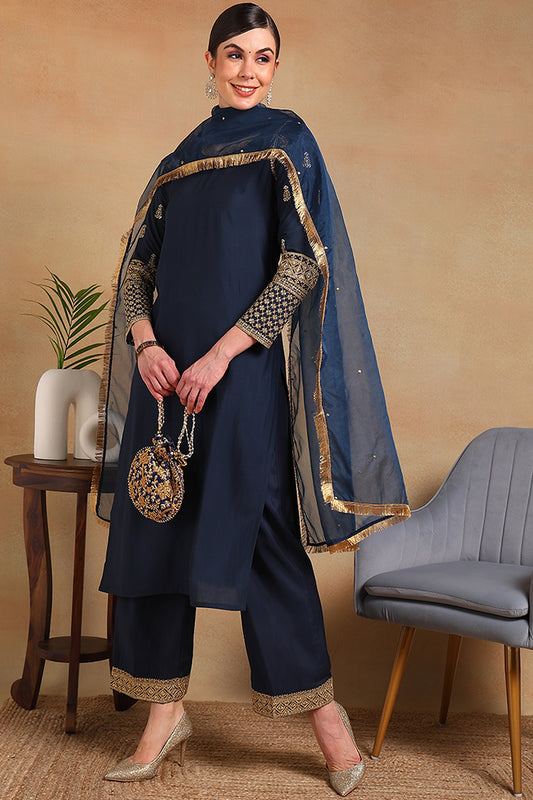 Teal Blue Silk Blend Solid Embroidered Straight Regular Suit Set PKSKD2229