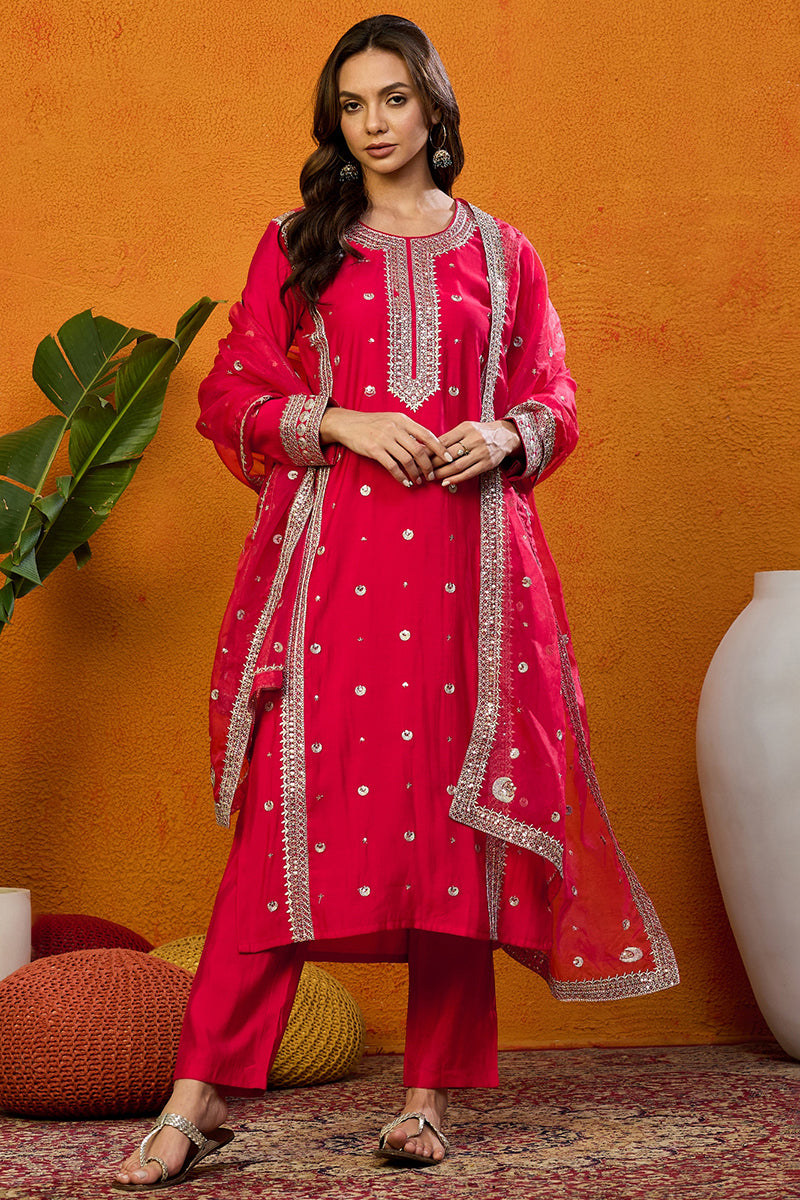 Pink Silk Blend Solid Embroidered Straight Suit Set PKSKD2232