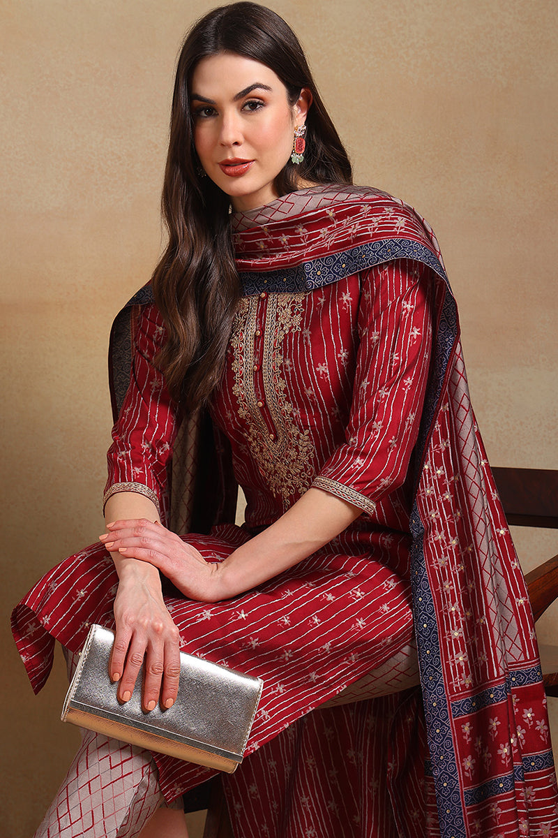 Maroon Silk Blend Embroidered Straight Suit Set PKSKD2235