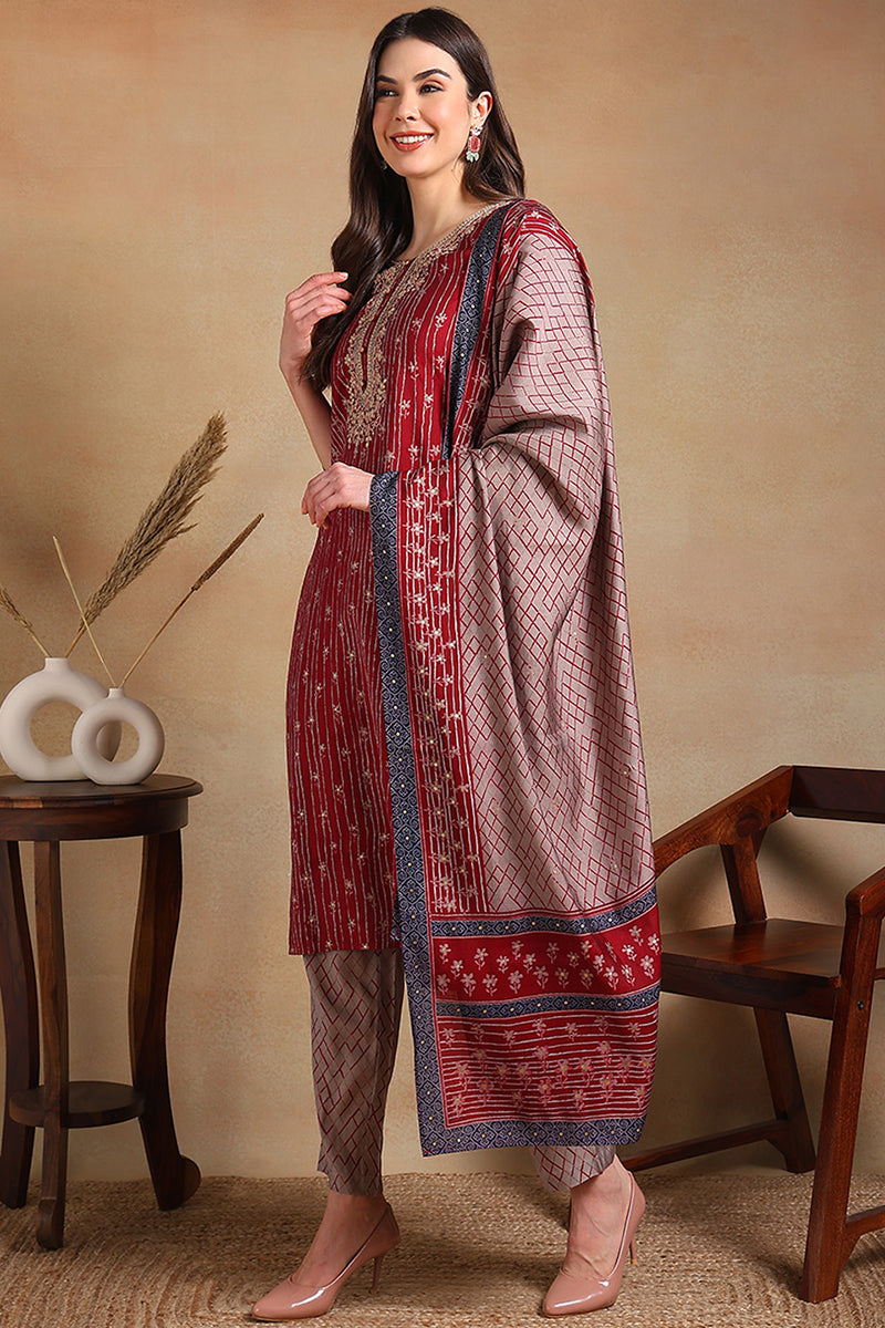 Maroon Silk Blend Embroidered Straight Suit Set PKSKD2235