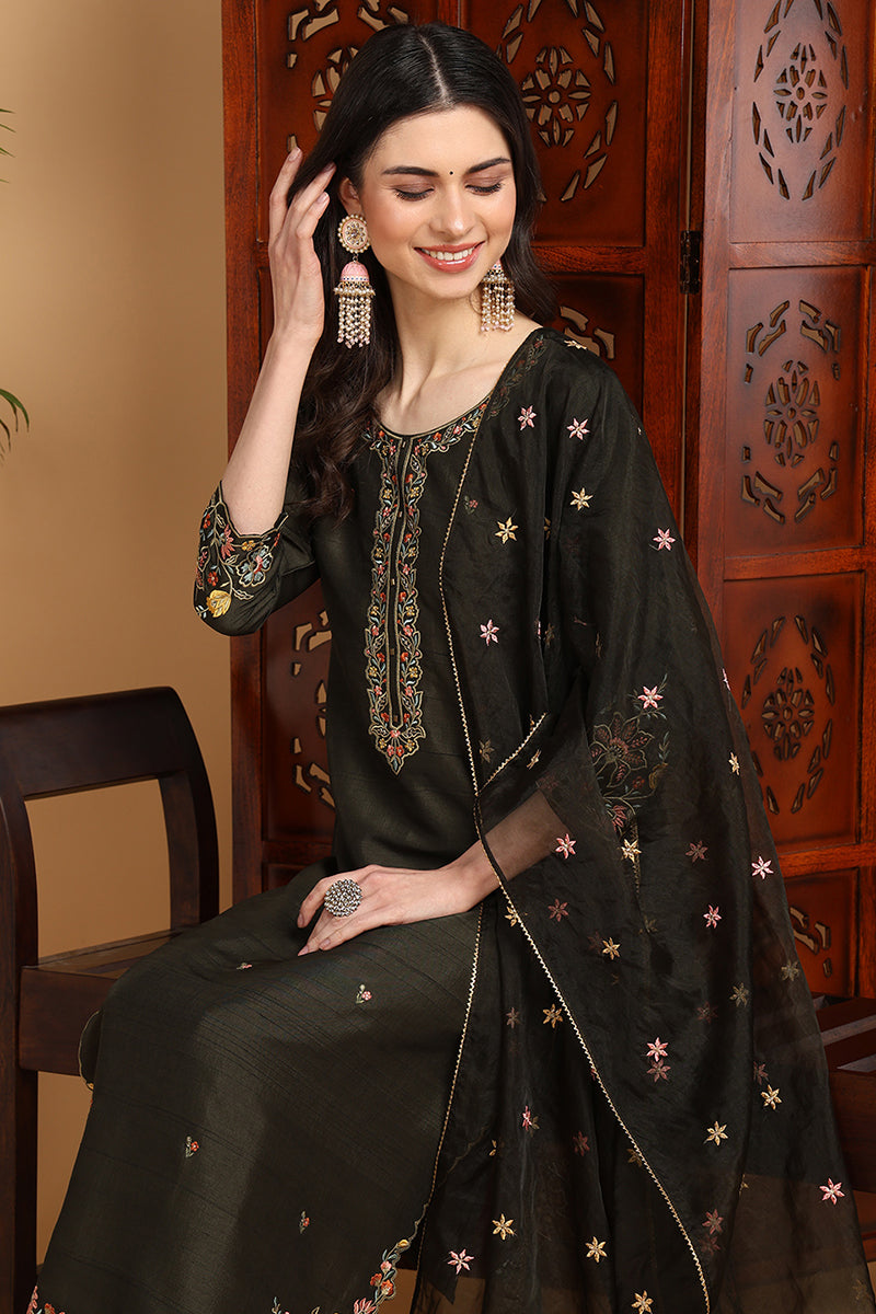 Olive Green Silk Blend Floral Embroidered Straight Suit Set PKSKD2239