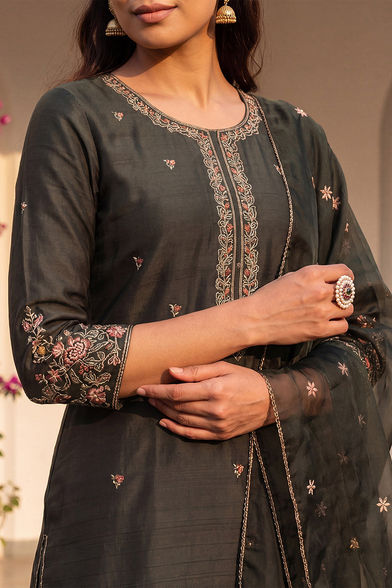 Olive Green Silk Blend Floral Embroidered Straight Suit Set PKSKD2239