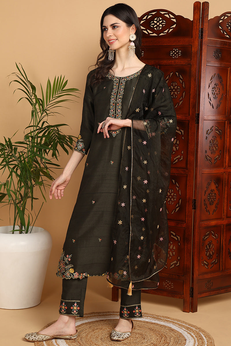 Olive Green Silk Blend Floral Embroidered Straight Suit Set PKSKD2239