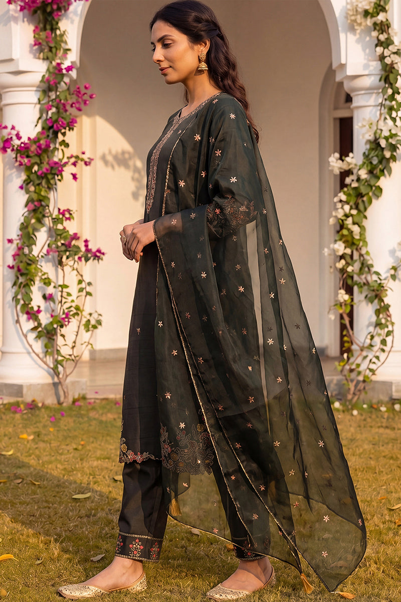 Olive Green Silk Blend Floral Embroidered Straight Suit Set PKSKD2239