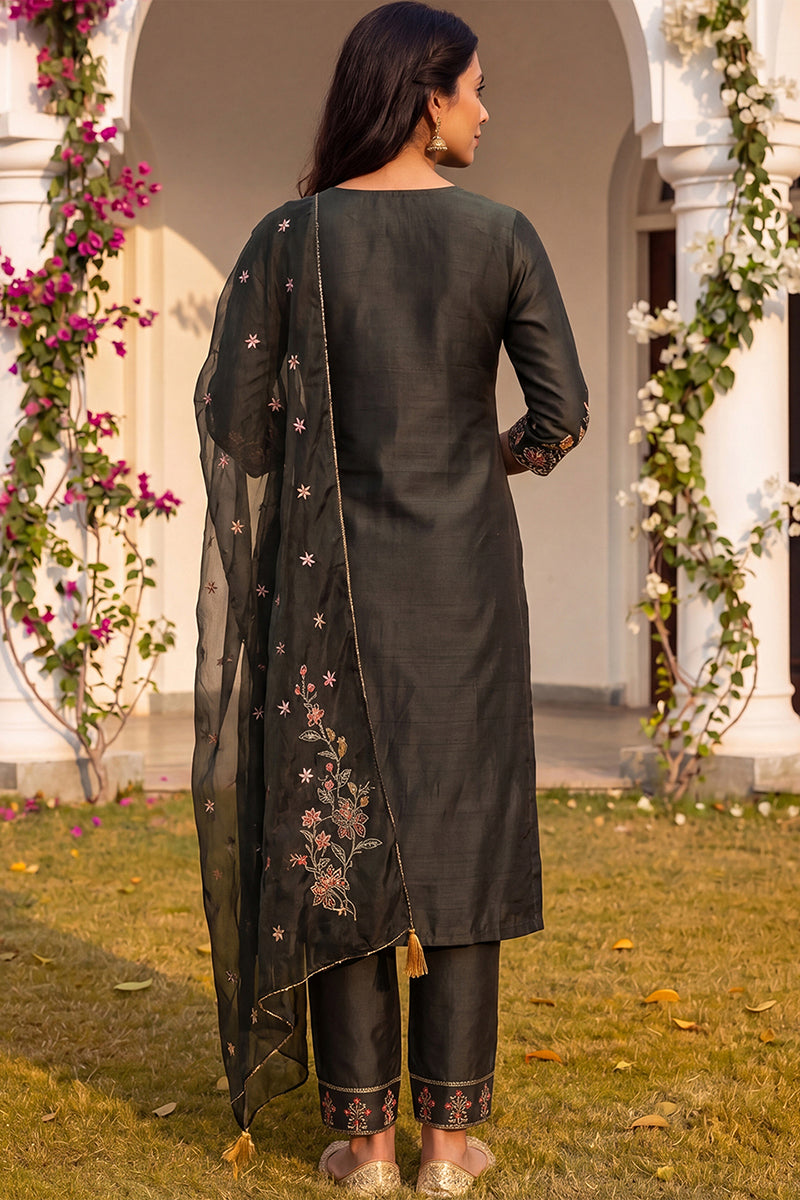 Olive Green Silk Blend Floral Embroidered Straight Suit Set PKSKD2239