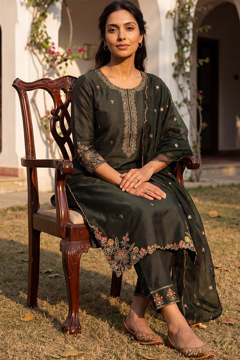 Olive Green Silk Blend Floral Embroidered Straight Suit Set PKSKD2239