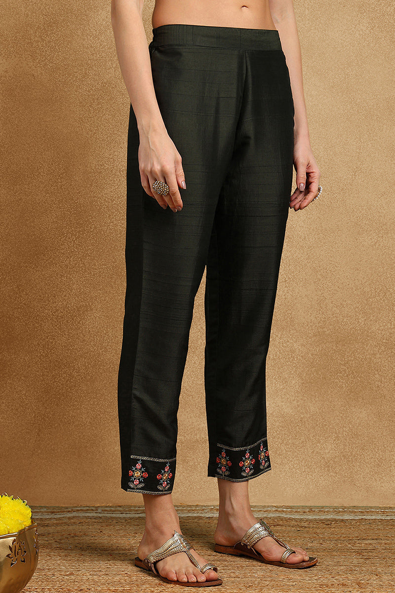 Olive Green Silk Blend Floral Embroidered Straight Suit Set PKSKD2239