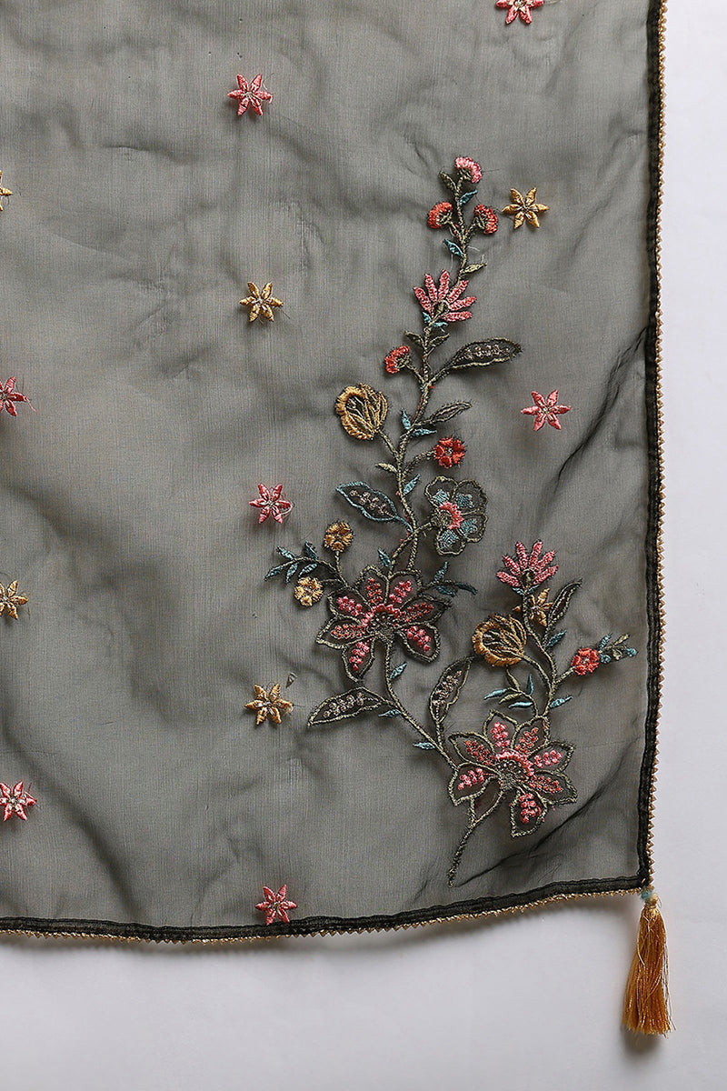 Olive Green Silk Blend Floral Embroidered Straight Suit Set PKSKD2239