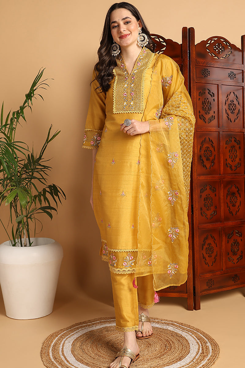 Mustard Yellow Silk Blend Floral Embroidered Straight Suit Set PKSKD2240