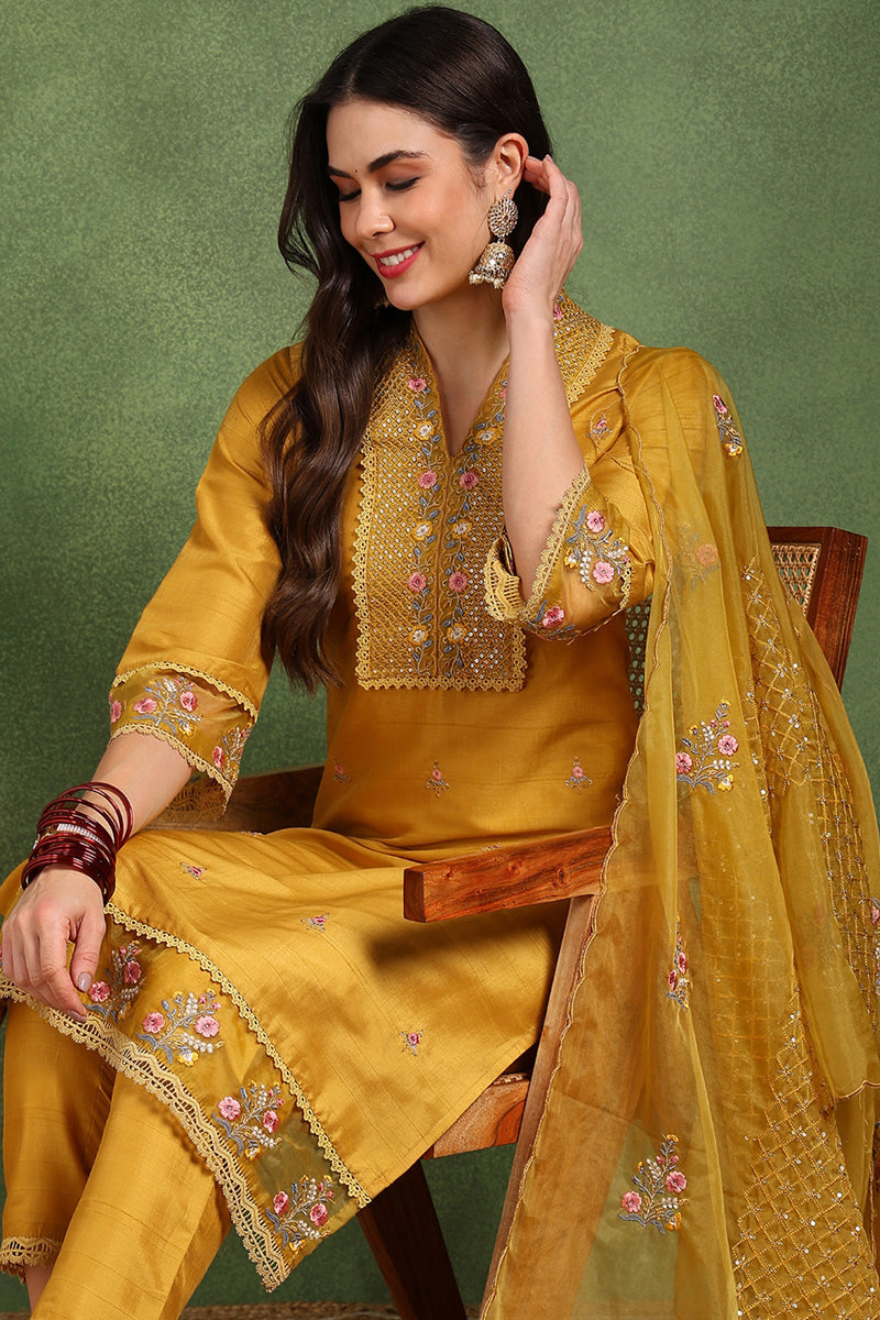 Mustard Yellow Silk Blend Floral Embroidered Straight Suit Set PKSKD2240