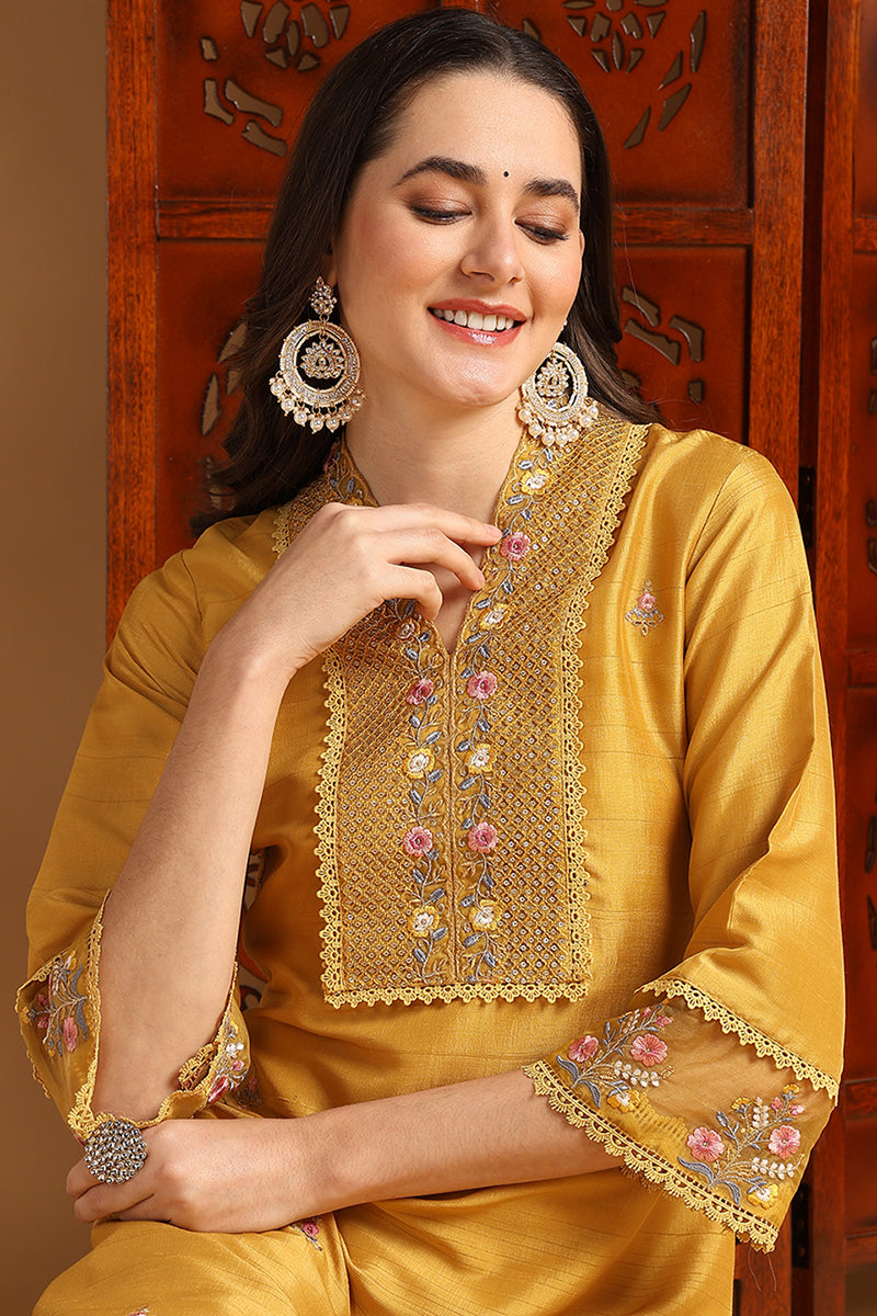 Mustard Yellow Silk Blend Floral Embroidered Straight Suit Set PKSKD2240