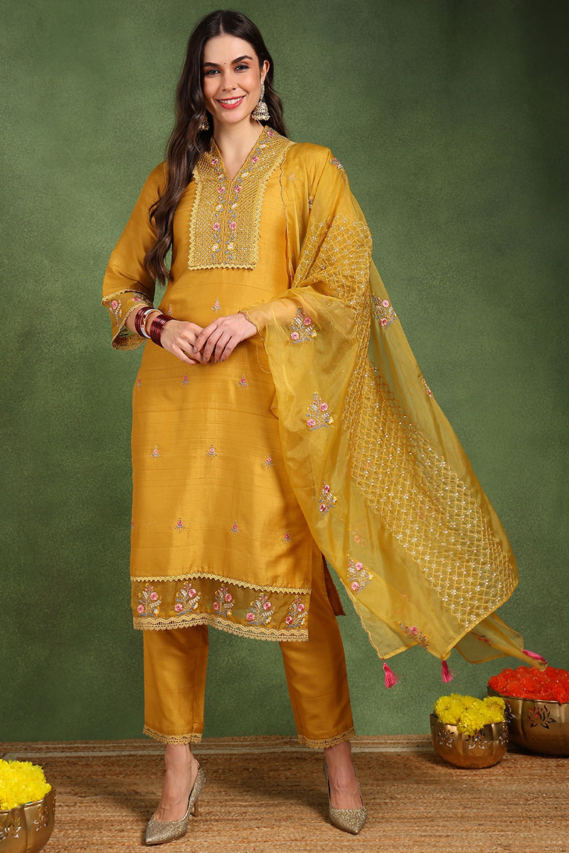 Mustard Yellow Silk Blend Floral Embroidered Straight Suit Set PKSKD2240