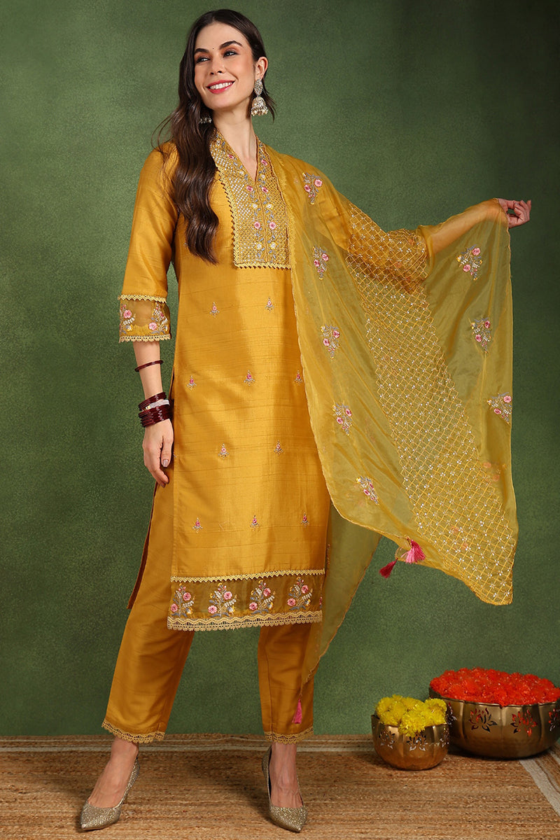 Mustard Yellow Silk Blend Floral Embroidered Straight Suit Set PKSKD2240