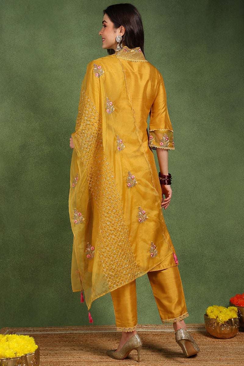 Mustard Yellow Silk Blend Floral Embroidered Straight Suit Set PKSKD2240