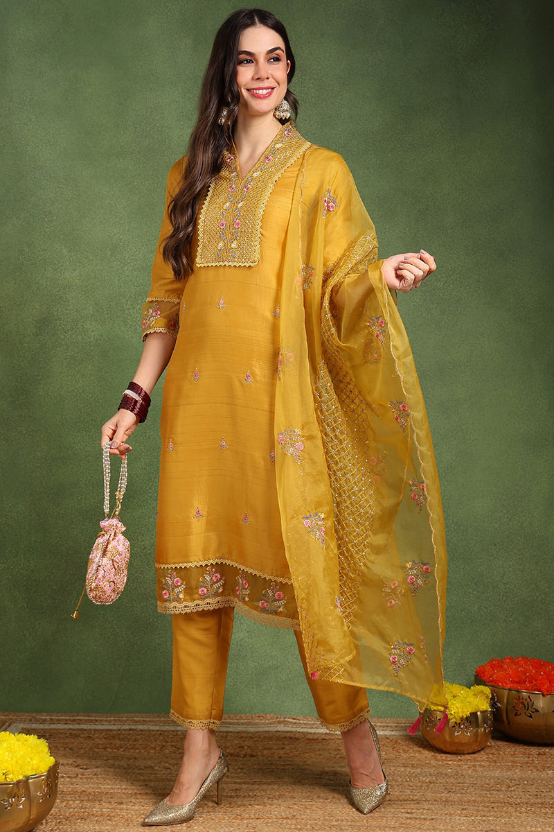 Mustard Yellow Silk Blend Floral Embroidered Straight Suit Set PKSKD2240