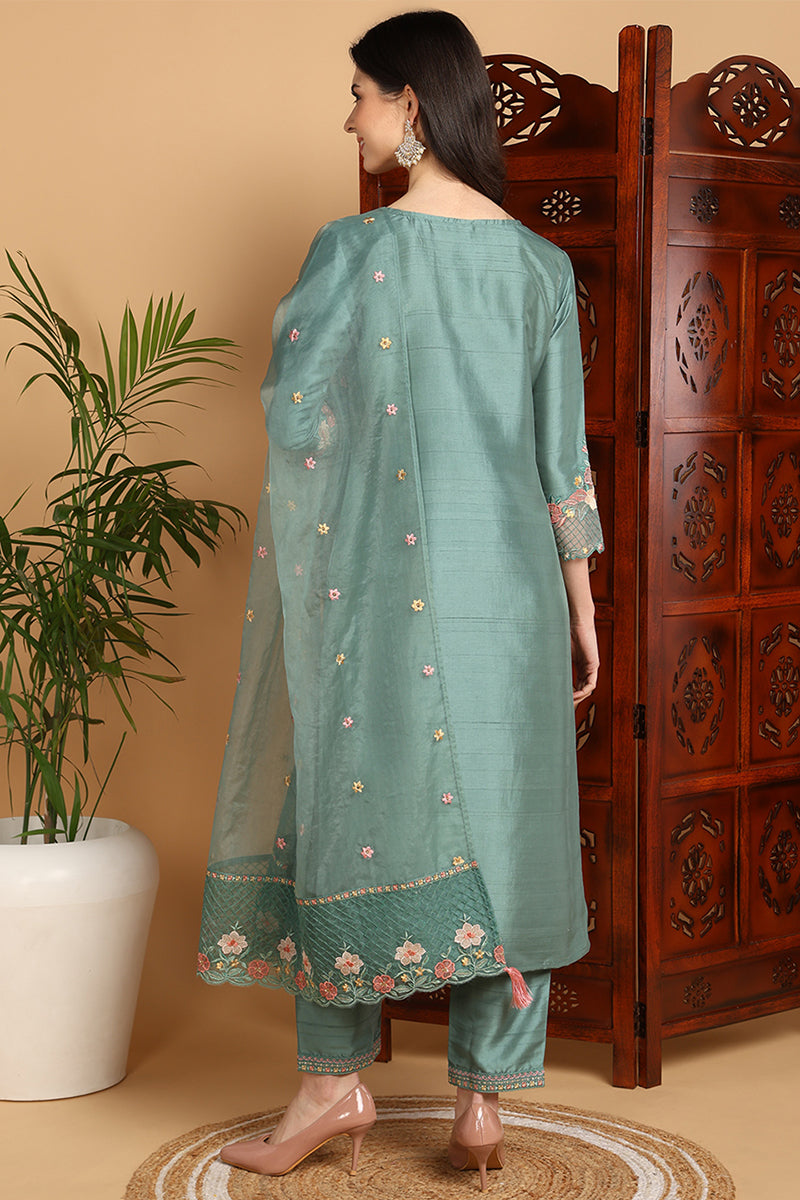 Teal Green Silk Blend Floral Yoke Design Straight Suit Set PKSKD2242