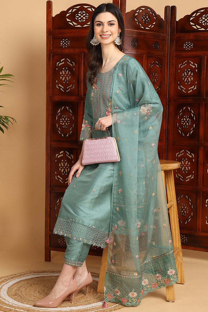 Teal Green Silk Blend Floral Yoke Design Straight Suit Set PKSKD2242