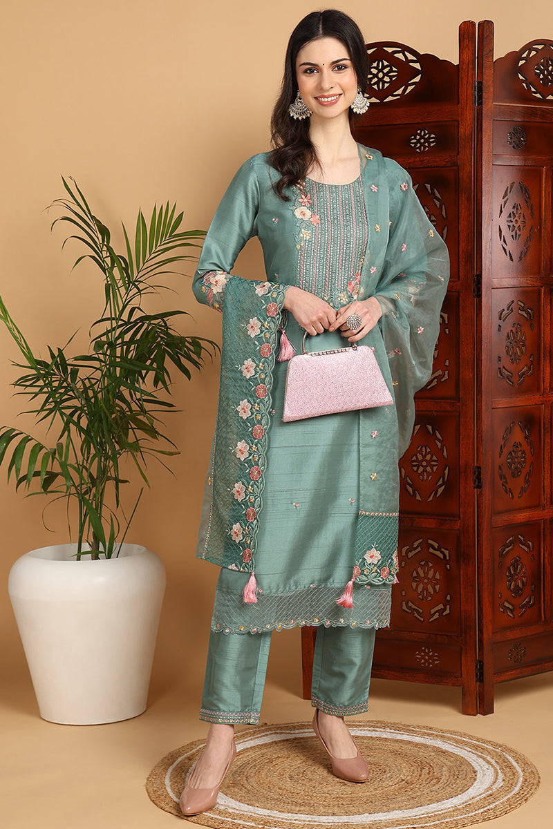 Teal Green Silk Blend Floral Yoke Design Straight Suit Set PKSKD2242