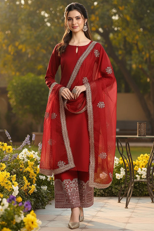 Maroon Silk Blend Solid Embroidered Straight Suit Set PKSKD2250