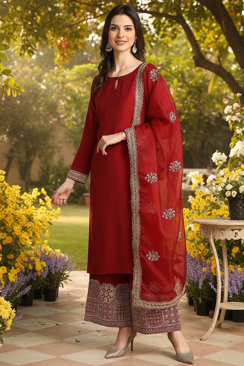 Maroon Silk Blend Solid Embroidered Straight Suit Set PKSKD2250