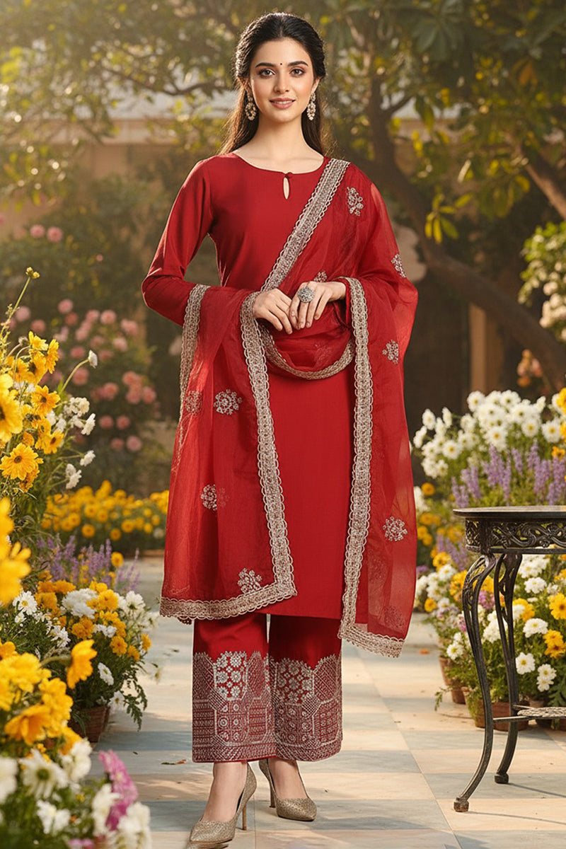 Maroon Silk Blend Solid Embroidered Straight Suit Set PKSKD2250