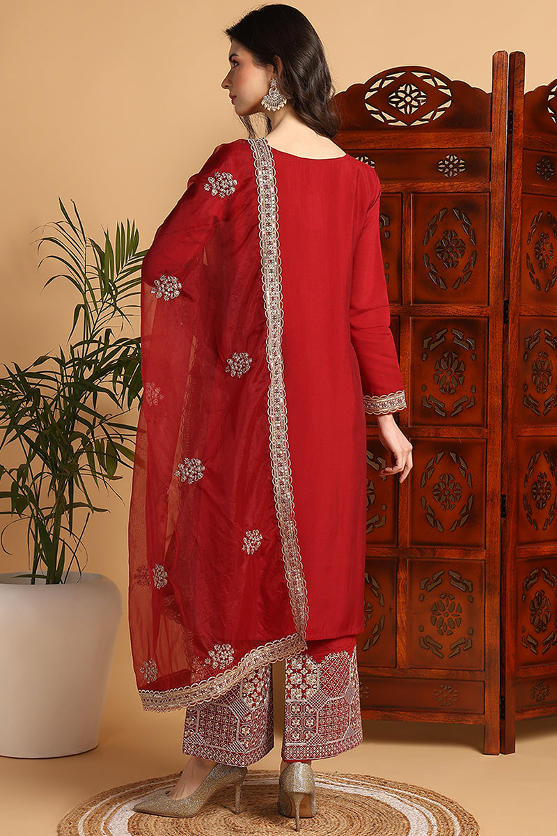 Maroon Silk Blend Solid Embroidered Straight Suit Set PKSKD2250