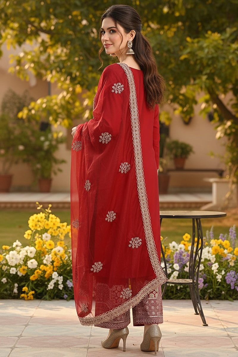 Maroon Silk Blend Solid Embroidered Straight Suit Set PKSKD2250
