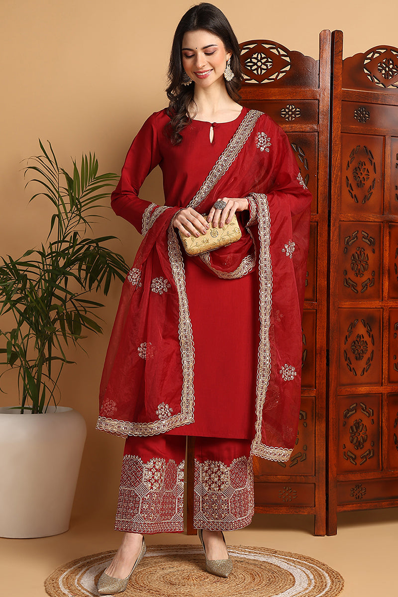 Maroon Silk Blend Solid Embroidered Straight Suit Set PKSKD2250