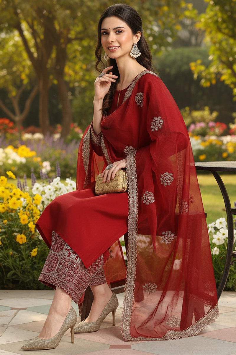 Maroon Silk Blend Solid Embroidered Straight Suit Set PKSKD2250