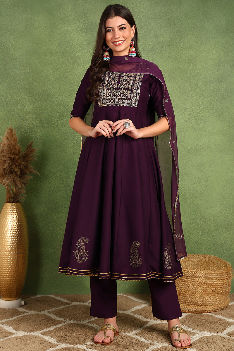 Purple Silk Blend Woven Design Embroidered Flared Suit Set PKSKD2255