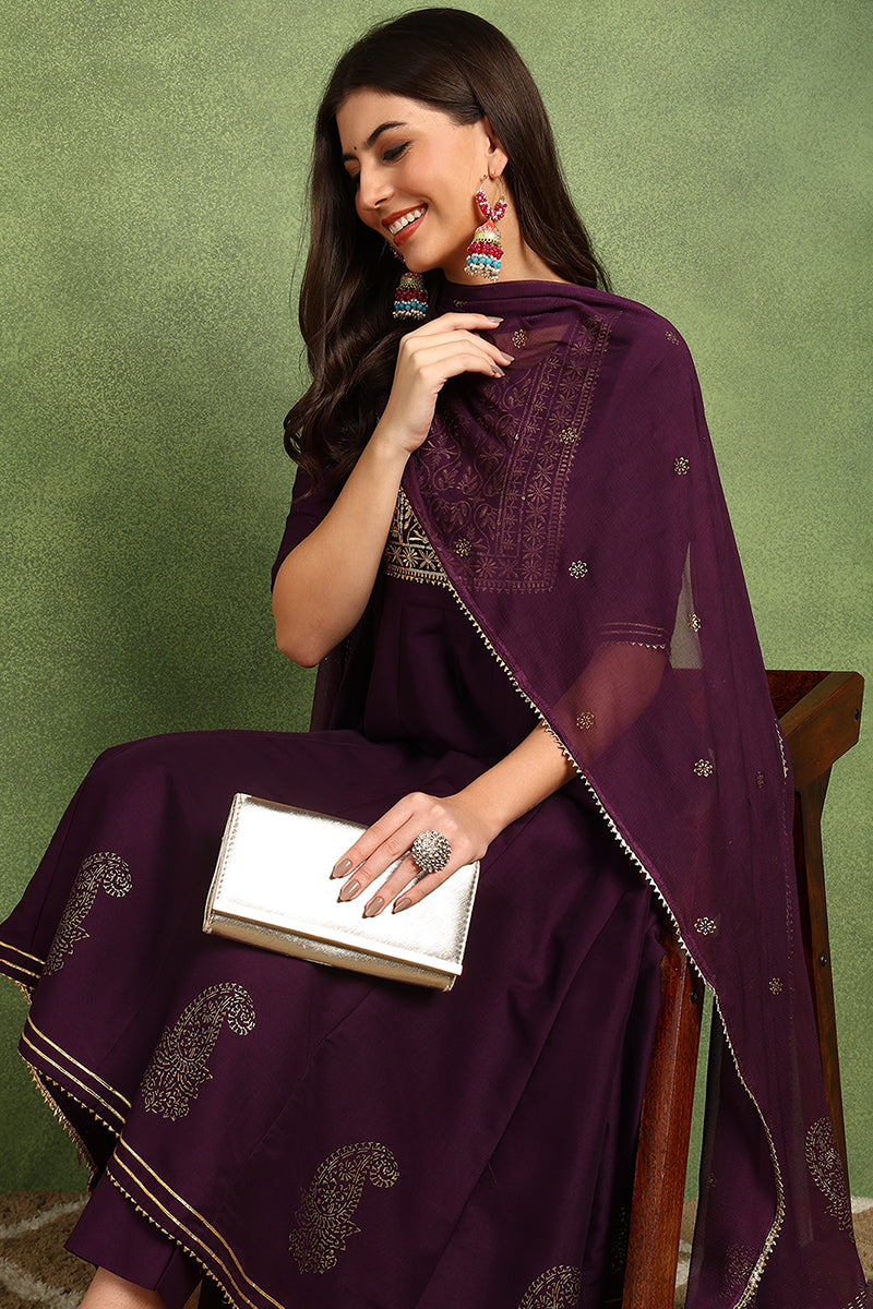 Purple Silk Blend Woven Design Embroidered Flared Suit Set PKSKD2255