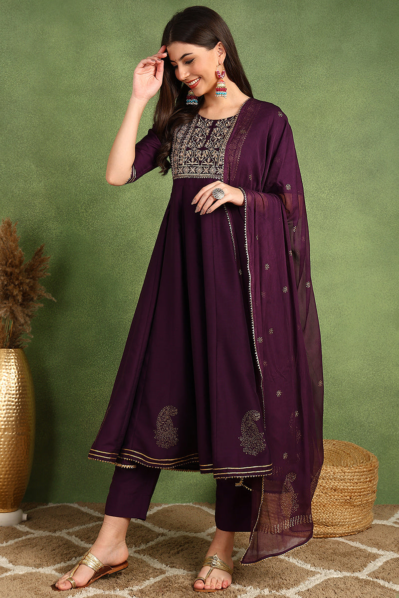 Purple Silk Blend Woven Design Embroidered Flared Suit Set PKSKD2255