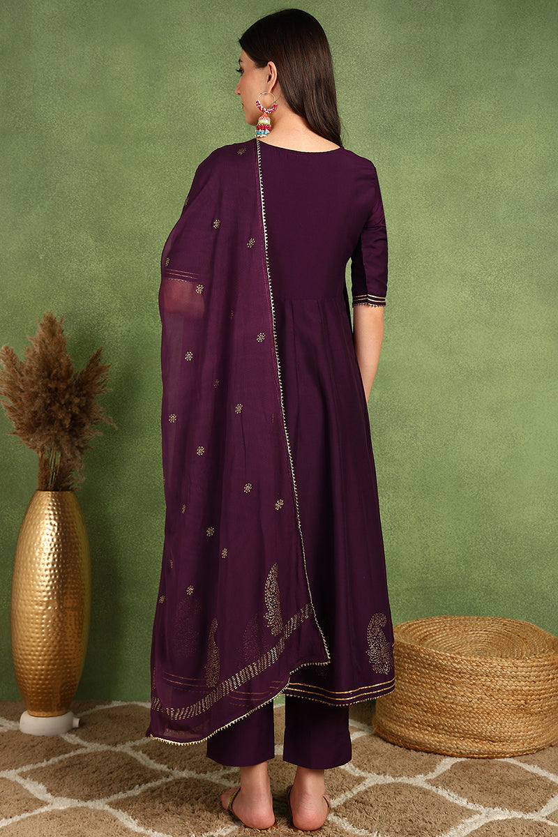 Purple Silk Blend Woven Design Embroidered Flared Suit Set PKSKD2255