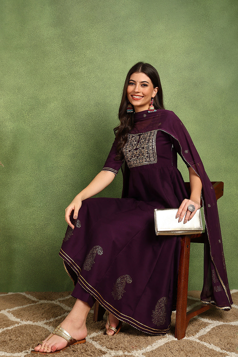 Purple Silk Blend Woven Design Embroidered Flared Suit Set PKSKD2255