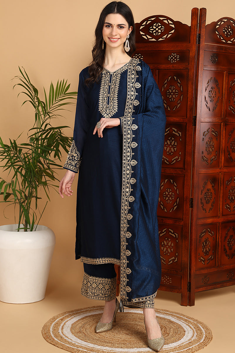 Navy Blue Silk Blend Solid Embroidered Straight Suit Set PKSKD2262