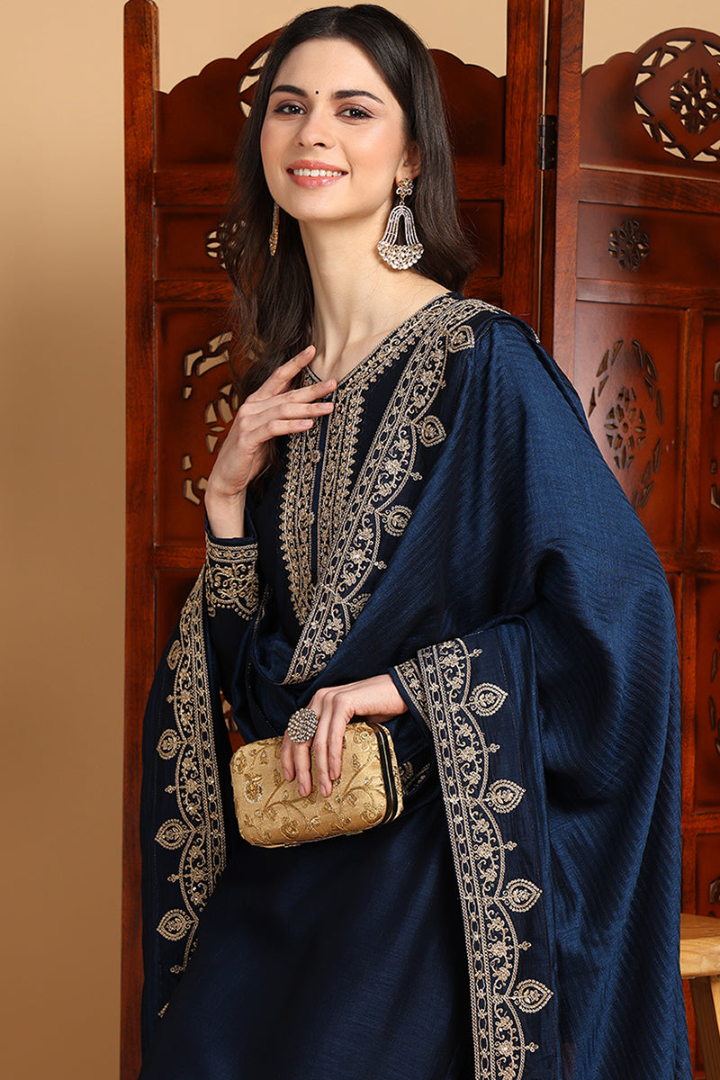 Navy Blue Silk Blend Solid Embroidered Straight Suit Set PKSKD2262