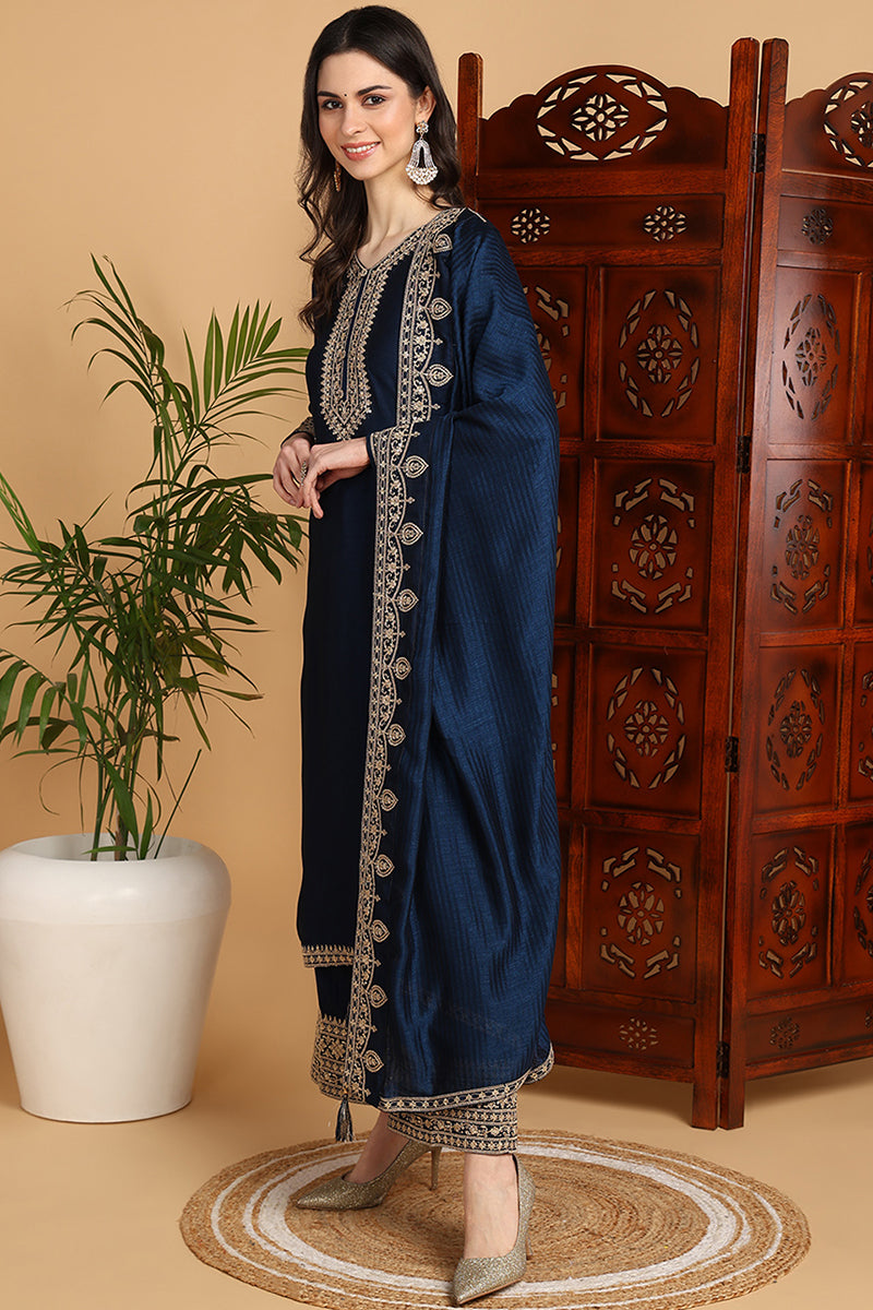 Navy Blue Silk Blend Solid Embroidered Straight Suit Set PKSKD2262