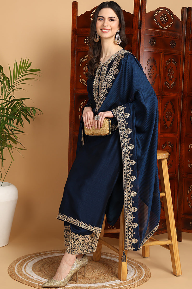 Navy Blue Silk Blend Solid Embroidered Straight Suit Set PKSKD2262