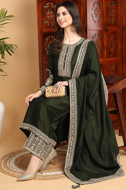 Green Silk Blend Solid Embroidered Straight Style Suit Set PKSKD2263