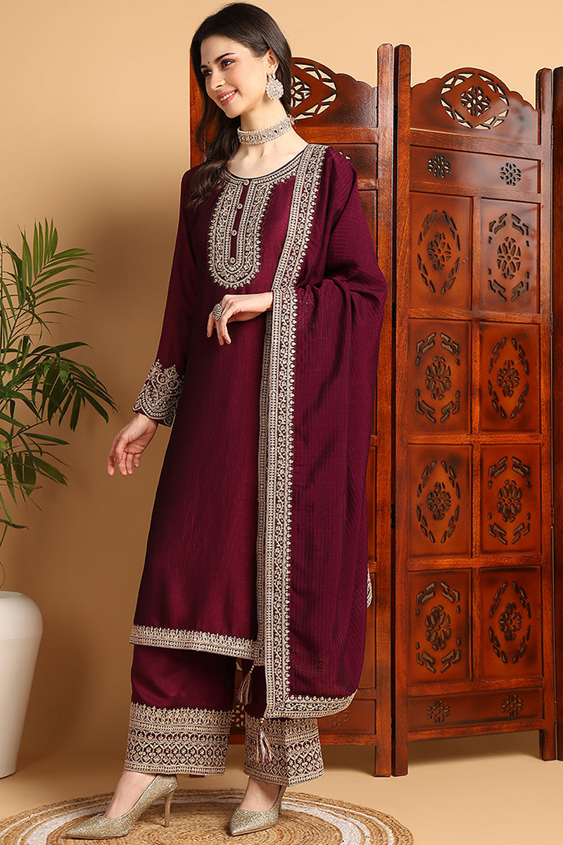 Wine Silk Blend Solid Embroidered Straight Palazzo Bottom Suit Set PKSKD2264