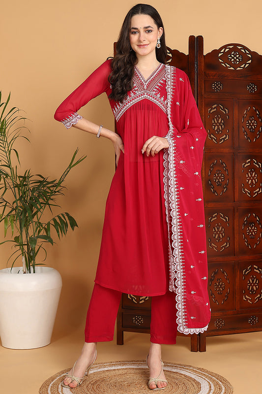 Rani Pink Georgette Solid Embroidered Flared Suit Set PKSKD2266