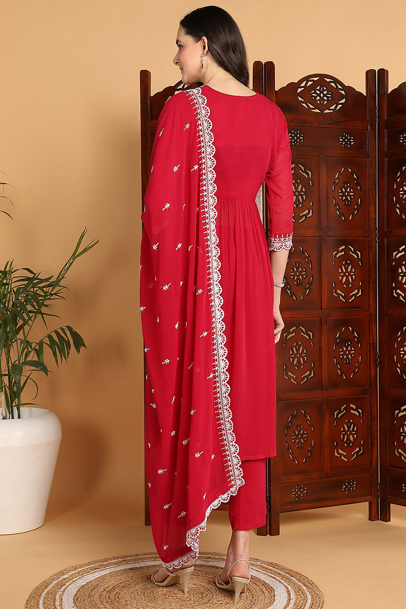 Rani Pink Georgette Solid Embroidered Flared Suit Set PKSKD2266