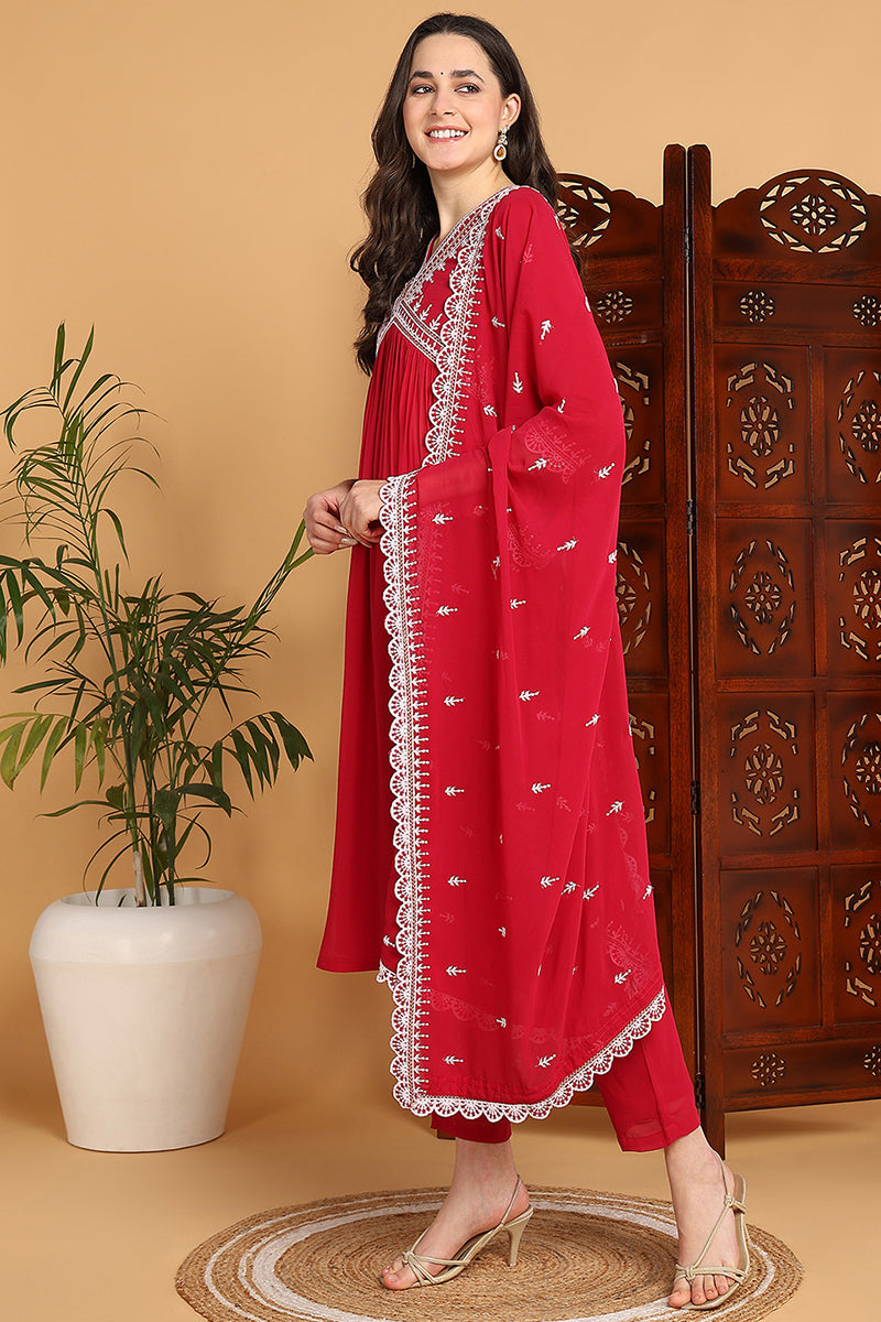 Rani Pink Georgette Solid Embroidered Flared Suit Set PKSKD2266