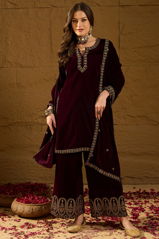 Purple Velvet Solid Embroidered Straight Palazzo Suit Set PKSKD2273