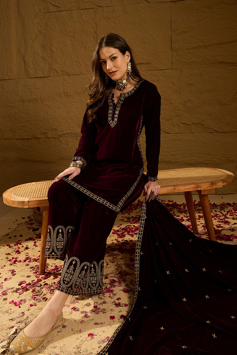 Purple Velvet Solid Embroidered Straight Palazzo Suit Set PKSKD2273