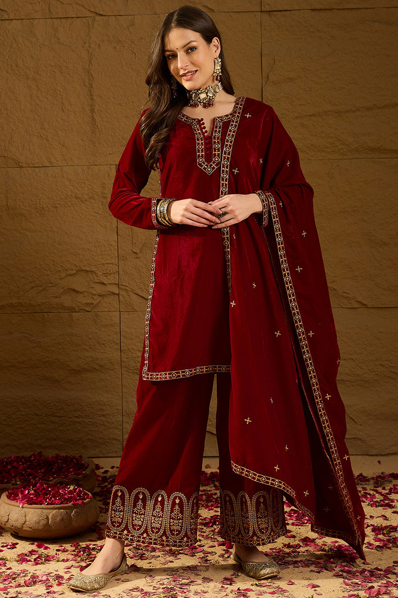 Red Velvet Solid Embroidered Straight Palazzo Suit Set PKSKD2275