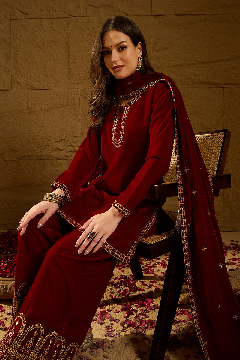 Red Velvet Solid Embroidered Straight Palazzo Suit Set PKSKD2275