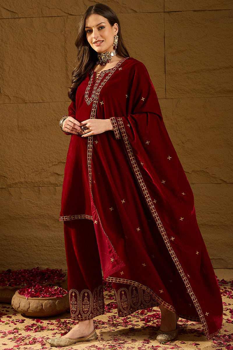 Red Velvet Solid Embroidered Straight Palazzo Suit Set PKSKD2275