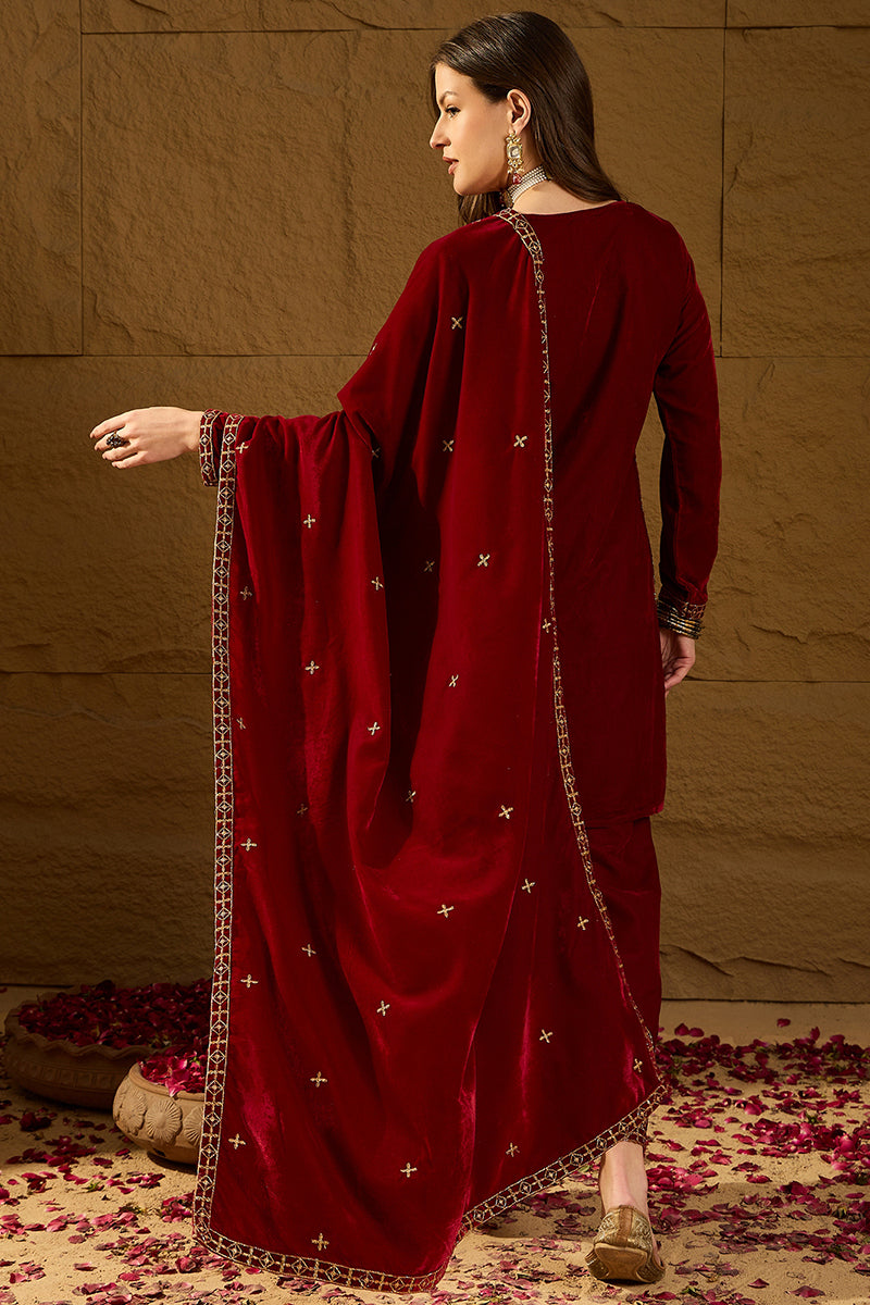 Red Velvet Solid Embroidered Straight Palazzo Suit Set PKSKD2275