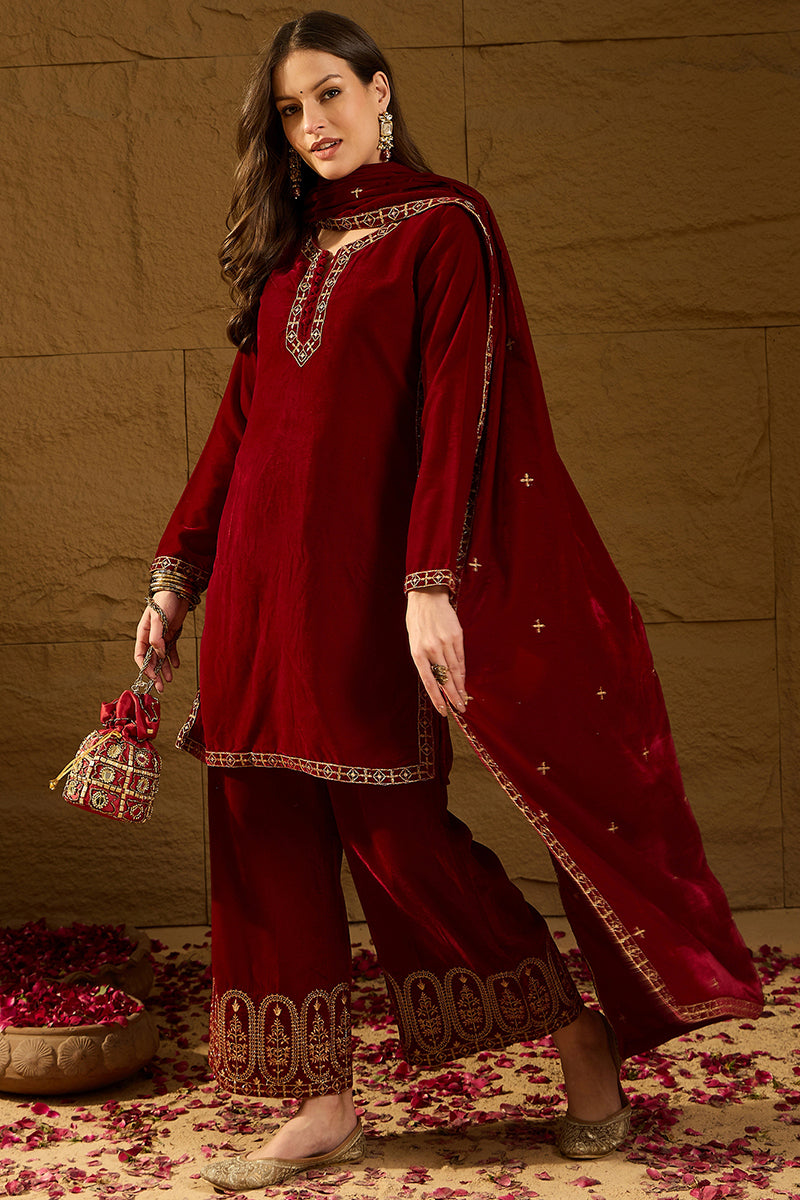 Red Velvet Solid Embroidered Straight Palazzo Suit Set PKSKD2275